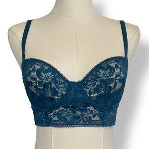 Free People Bra 32 D Teal Blue Green Turquoise Lace Bustier Intimately NWT